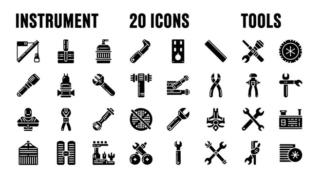 Collection of 20 Vector Icons Representing Tools and Instruments for Various Applications