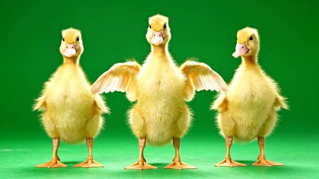 Three fluffy yellow ducklings stand together on green screen background spread wings little birds cute baby animals in springtime dynamic motion clip playful movement
