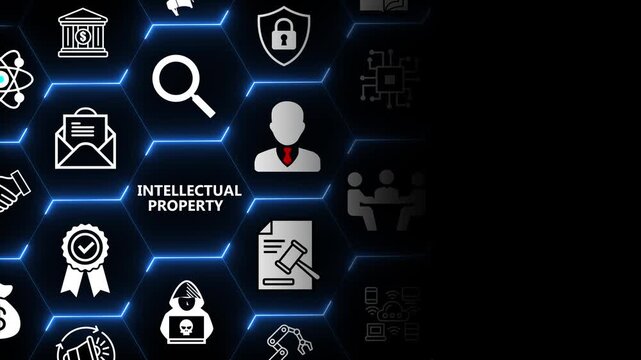Intellectual property concept with user and document elements for rights protection innovation management and legal compliance in modern digital systems 4k animation video