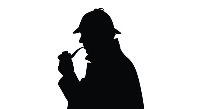 A detective in a deerstalker hat smokes his pipe silhouette