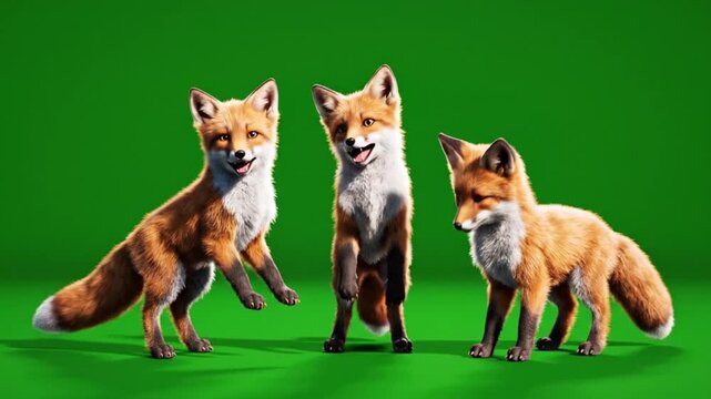 Three adorable red foxes dancing and playing energetically on green screen footage showing joyful and dynamic movement