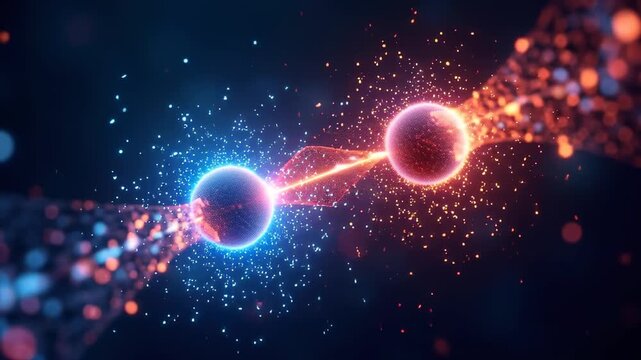 Quantum entanglement: two particles glowing in synchronized colors across distance, physics visualization with connection threads