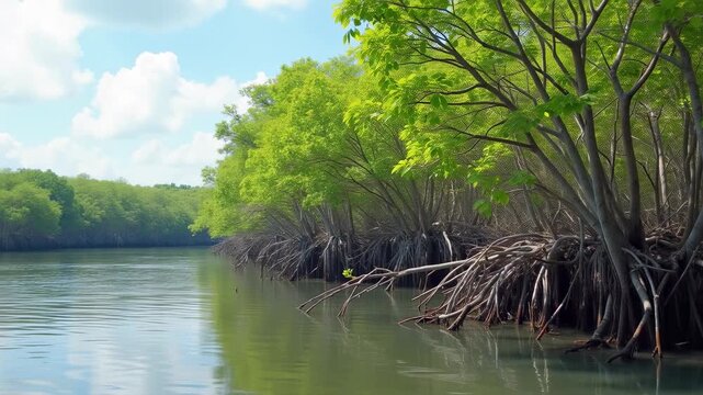 Mangrove restoration: coastal trees replanting with carbon sequestration and storm protection, blue carbon ecosystem