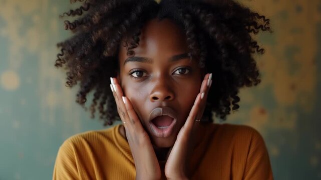 Serious young african woman with natural afro hair looking away pensively, leaning against textured yellow peeling wall