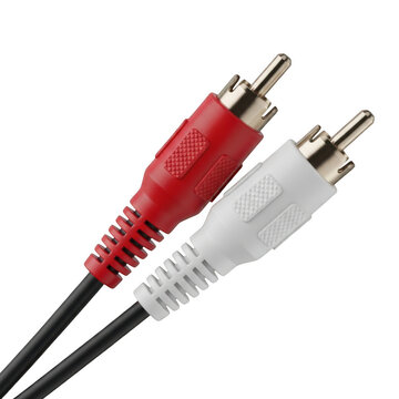 Red and white composite audio and video cable connectors attached to a black cord
