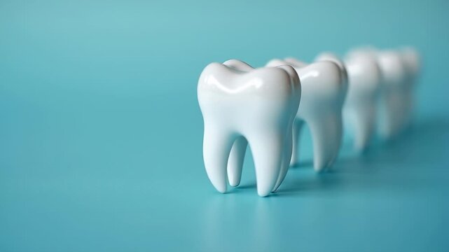 Row of white glossy molar tooth models standing in line on teal blue background, minimalist clean composition, concept of dentistry, oral hygiene, dental clinic