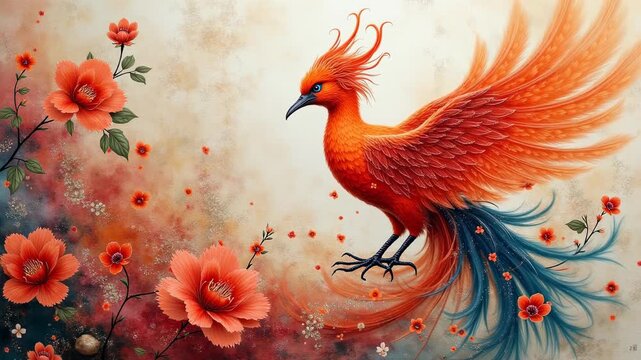 Qipao dress fabric with phoenix embroidery coming alive, bird emerging from silk, vibrant embroidery colors on grunge fabric texture