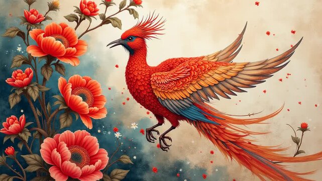 Qipao dress fabric with phoenix embroidery coming alive, bird emerging from silk, vibrant embroidery colors on grunge fabric texture