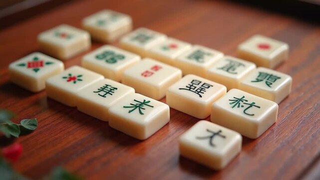 Mahjong tiles arranging themselves into winning hand with mystical glow, sharp game tradition details