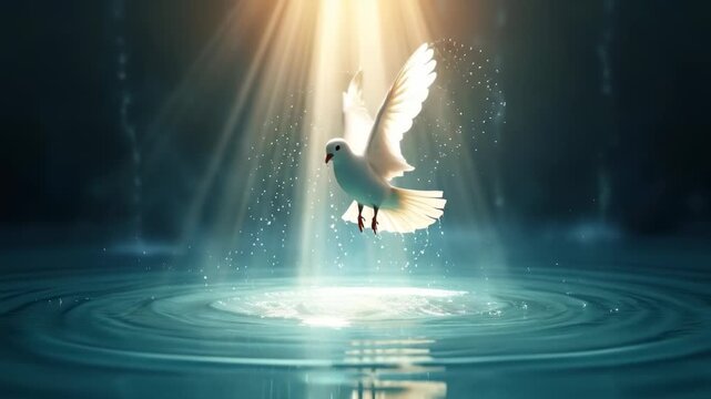 Water with dove descending and light rays penetrating surface, sharp Holy Spirit visualization  Christian sacrament 