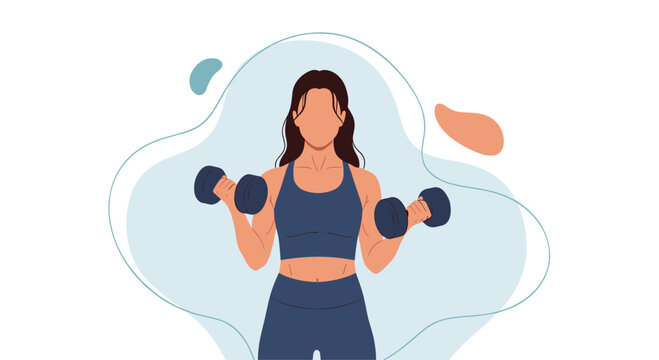 Athletic woman in sportswear performing a bicep curl exercise with dumbbells against an abstract light blue background shape for fitness.