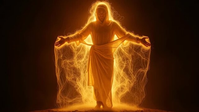 Glowing divine figure standing with open hands, golden light energy, spiritual resurrection, holy aura, concept of religion, christianity, easter