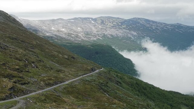 Panoramic View Of Aurlandsfjellet (Snow Road) National Tourist Route (County Road 243) In Norway. Aerial Shot