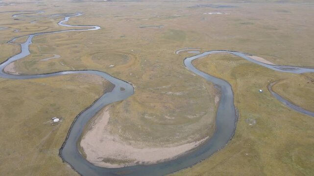 Side Move Drone Shot Across Meandering River in Hulunbuir Grassland China