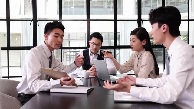 Stressful leader watches frustrated colleagues engaging in heated argument, pointing fingers escalating tension discussing unsatisfactory work performance, reflecting workplace disagreements conflict