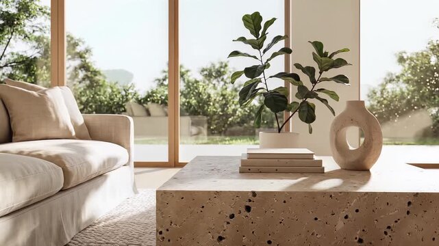 Beige linen sofa with throw pillows facing stone coffee table in bright modern living room with large windows and natural light