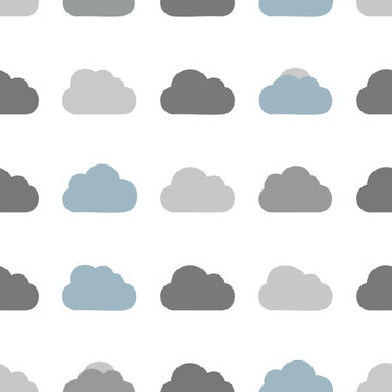 A repeating pattern of fluffy clouds in gray and blue on a white background
