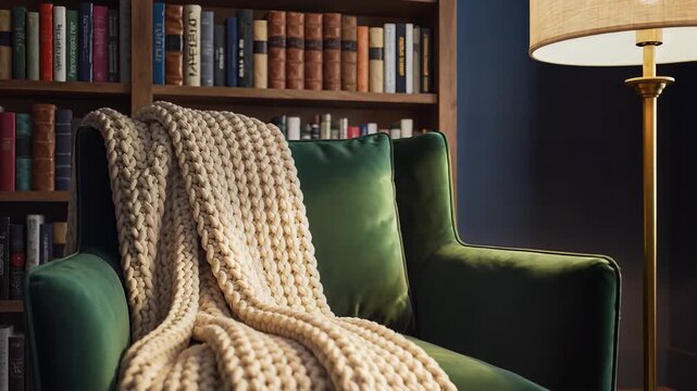 Bookshelf with vintage books next to a cozy green armchair with a chunky knit throw and a floor lamp in a warmly decorated interior