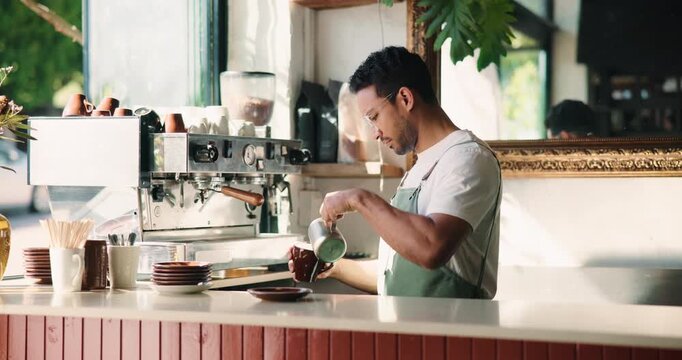 Barista, man and milk with coffee in cafe for customer service, beverage preparation or hospitality. Worker, caffeine or pour dairy with cream for drink, make latte or process order in small business