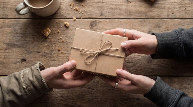 Close-up of Two People Sharing a Simple Brown Kraft Paper Gift Box Tied with String over a Rustic Wooden Table