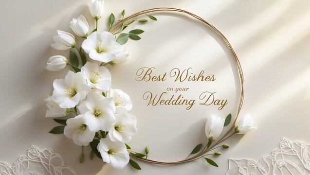 wedding greeting card featuring delicate white stephanotis flowers arranged in a soft circular wreath with the message: &lsquo;best wishes on your wedding day&rsquo;. 