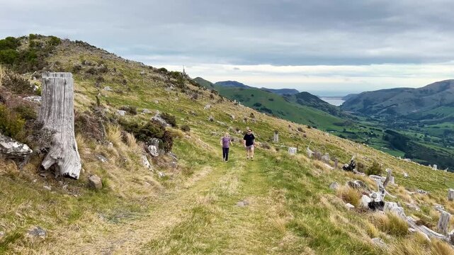 Hikers enjoy scenic views at Montgomery Peak, Akaroa Peninsula, New Zealand