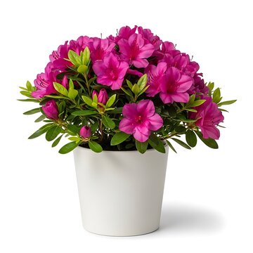Blooming azalea plant in white container against white background