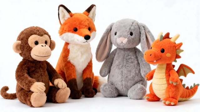 Four stuffed animal toys on white background