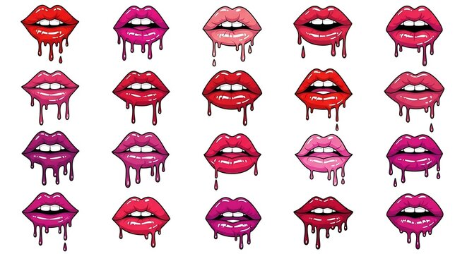 Lips with dripping lipstick in various shades and styles