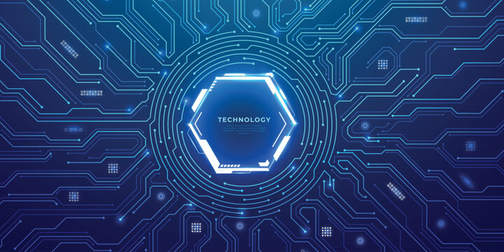 circular portal with luminous circuit patterns radiating on digital tech backdrop. Blue neon frame featuring HUD interface, cyber elements, and electronic board aesthetics.