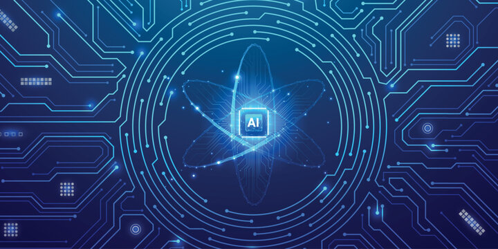 circular portal with luminous circuit patterns radiating on chip with nuclear atom icon with circuit. Blue neon frame featuring HUD interface, cyber elements, and electronic board aesthetics.