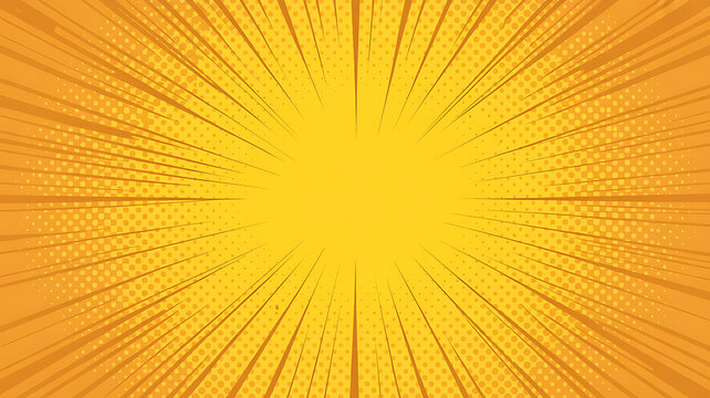 Energetic yellow and orange sunburst background with halftone dots in a retro comic book style, conveying action and excitement.