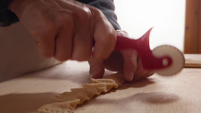 Detailed close-up of hands trimming ravioli edges with a red pastry cutter on a wooden surface in soft light.