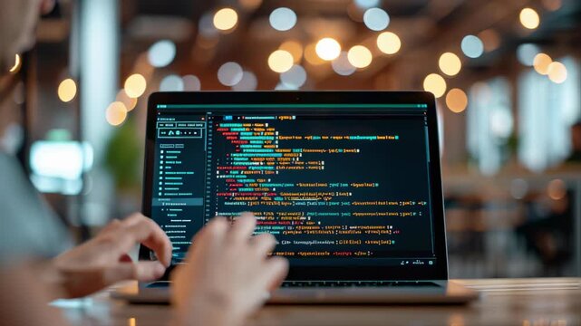 Hands coding on laptop with bokeh lights in background