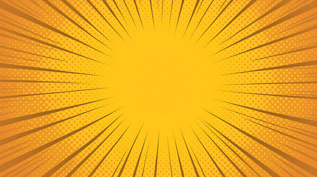 Exploding Sunburst Background with Halftone Dots and Speed Lines in Yellow and Orange, Comic Book Style Explosion, Vintage Pop Art Backdrop