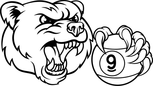 Bear nine ball pool sports mascot holding a 9 ball cartoon illustration