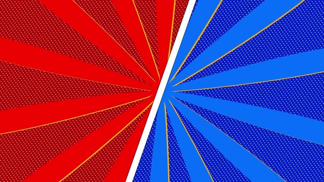 Animated Comic Pop Art Split Screen Background with Red and Blue Sunbursts