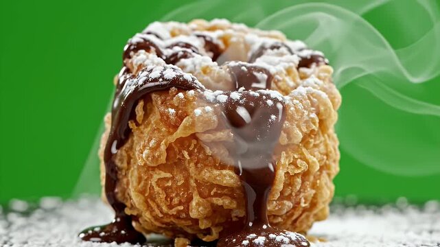 Delicious fried ice cream dessert with chocolate syrup and powdered sugar against a vibrant green background in a studio setting with smoke effects for advertising