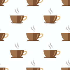 Obraz premium Seamless pattern of steaming brown coffee cups with light brown handles on white