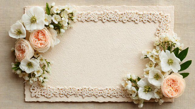 An elegant cream-colored greeting card template featuring delicate lace borders and corners adorned with soft peach roses and white jasmine blossoms on a neutral linen background.