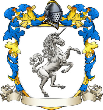 A Unicorn coat of arms or crest family heraldry medieval heraldic knight shield with helmet and acanthus filigree scroll ornament in a vintage woodcut style.