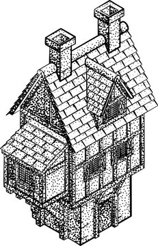 A medieval building map icon isometric illustration in a vintage retro engraved woodcut dots etching style