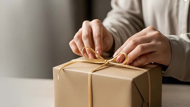 Woman wrapping gift with twine for Easter holiday. Sustainable present preparation with brown paper. Eco friendly package concept for celebration and craft detail.