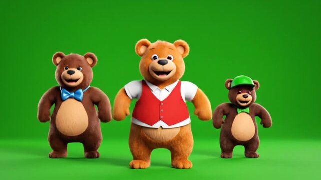 Three animated teddy bears dancing energetically against a vibrant green screen background, showcasing playful movement and cheerful expression, perfect for animation projects and children's content.