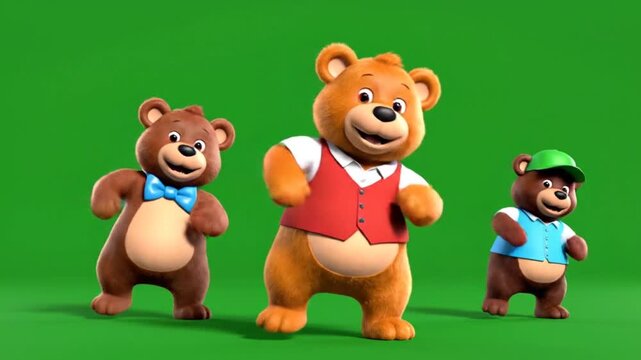 Three cheerful cartoon bears dancing and moving joyfully on green screen background, animated characters having fun together in a playful celebration, children friendly animation