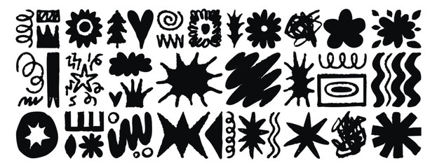 Fototapeta premium A set of doodle organic elements, leaves, hand drawn smooth lines, flowers, abstract shapes natural motifs, the sun, stones collection