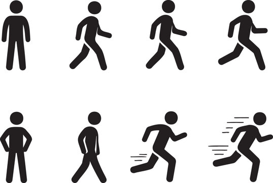 walking people stick figure icon set motion symbols, human walking icons minimal design collection set, pedestrian movement icons walking symbol set pack