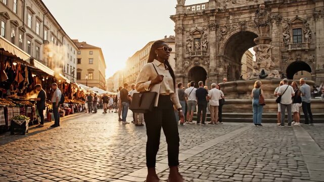 Young African American woman walks through a bustling European city square. Golden hour sun creates a warm glow on the ancient cobblestone street.