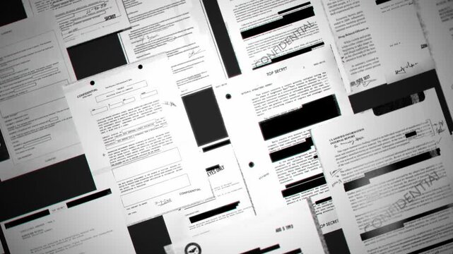 Top secret classified files and documents on dark background with censorship black lines. Redacted government agency confidential information and surveillance intelligence. Spy and conspiracy exposed