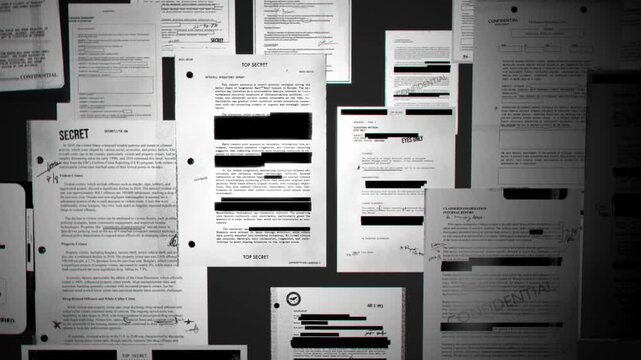 Secret confidential information is revealed and exposed from shadows and darkness. Government spy agency intelligence surveillance or espionge. Leaked or declassified data and military report papers